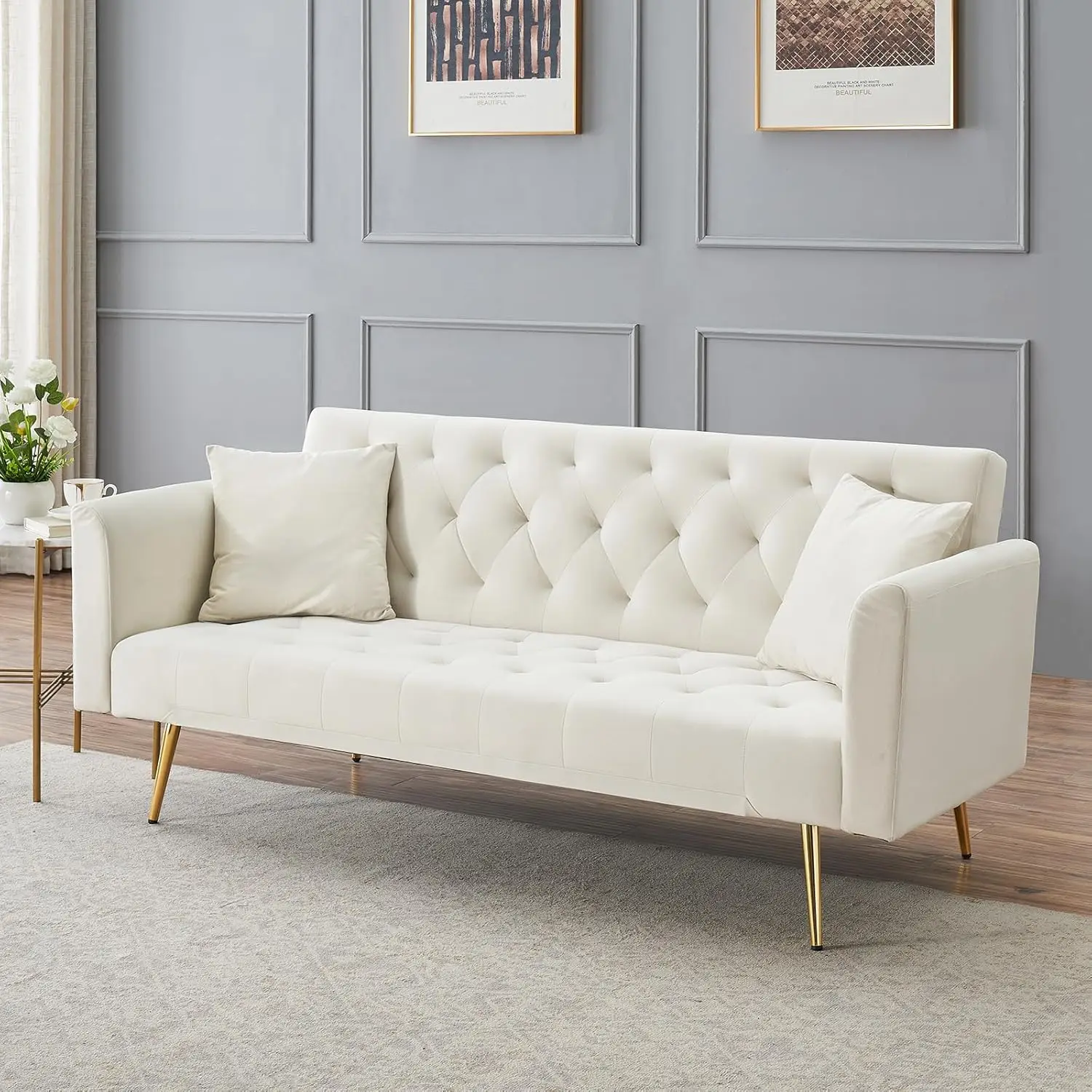 أريكة سرير مخملية حديثة مقاس 71 بوصة أريكة نوم قابلة للتحويل مع مسند ظهر قابل للتعديل معنقدة كرسي Loveseat مع كروم ذهبي