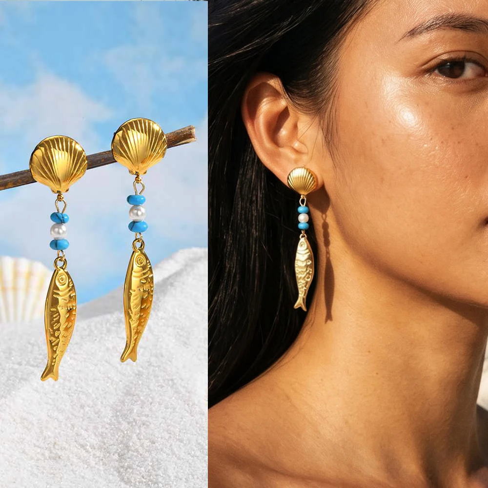 Edelstahl Fisch-Ohrhänger für Damen Goldfarben Muschel Türkis Perle Vintage Ozean Strand Schmuck Wasserdicht