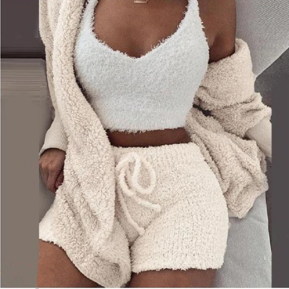 Women Plush Pijamas 3 Pcs Sets Casual Sleepwear Lingerie Tank Top Shorts Homsuit Winter Ladies Fashion Underwear