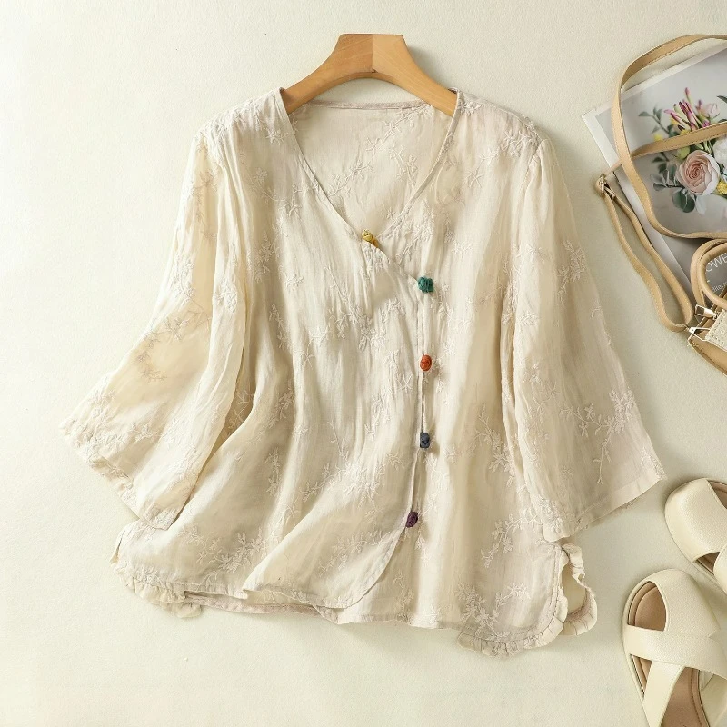 

2025 New Summer Floral Embroidery Blouse Women Chinese Style Breathable Ramie Frog Button O Neck Womens Shirts