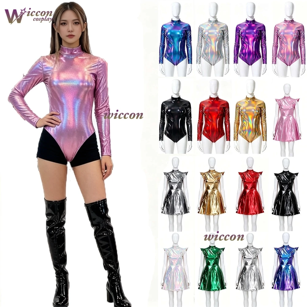 

New Halloween Costume Metallic Lamé Lacquer Pu Leather Plain Sexy Party Dress Performance Outfit Women's Nightclub Bodycon