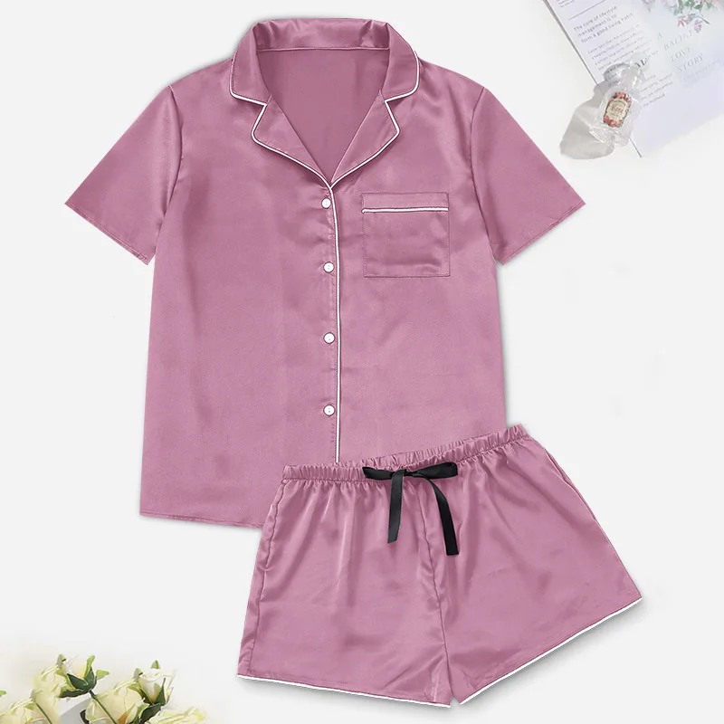 New Female Short Sleeve Shorts Pajamas Set Spring Summer Satin Sleepwer Pijamas Suit Loose Solid Green Home Wear Loungewear