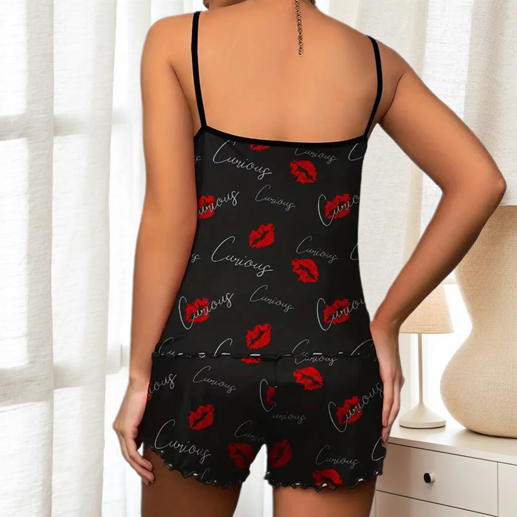 Women Pajamas Sleepwear Pajama Set Camisole Shorts Black S M L Red Lip Print Scoop Neck Ice Silk Comfortable Casual