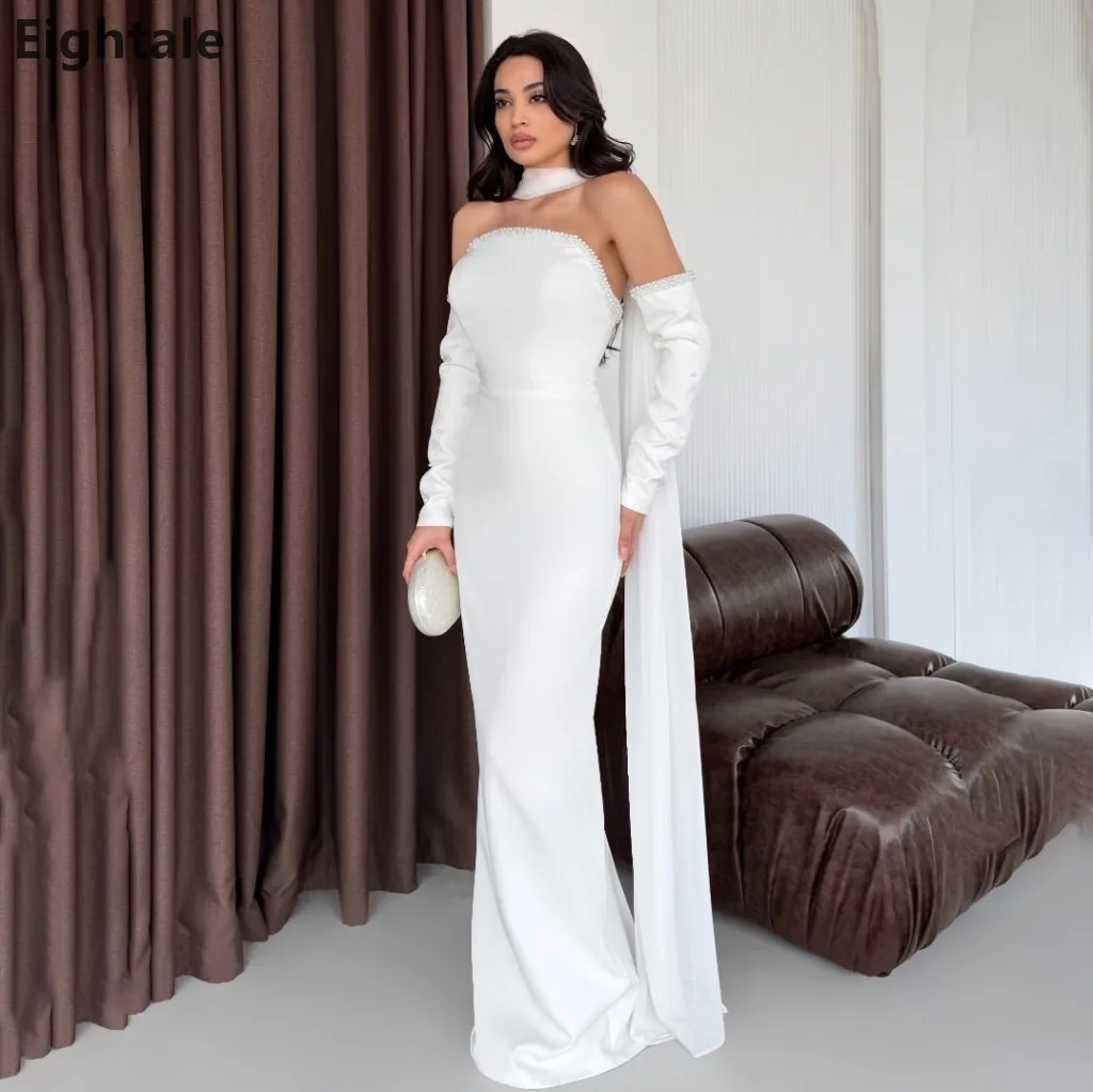 

Eightale 2026 Luxury Strapless White Mermaid Wedding Dress with Pearl Trim Detachable Cape Sleeves Bridal Gown Satin Customized
