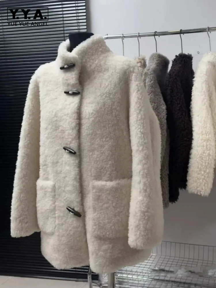 Cappotto da donna in vera lana stile coreano Colletto alla coreana Capispalla in pelliccia di pecora Cappotto medio-lungo Giacca ampia autunno inverno moda