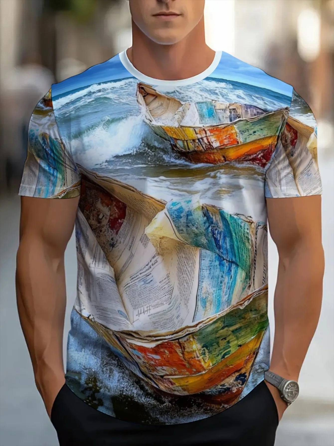 Men Sea Boat Newspaper Collage 3D Print Crew Neck T Shirt Summer Short Sleeve Casual Street Tee