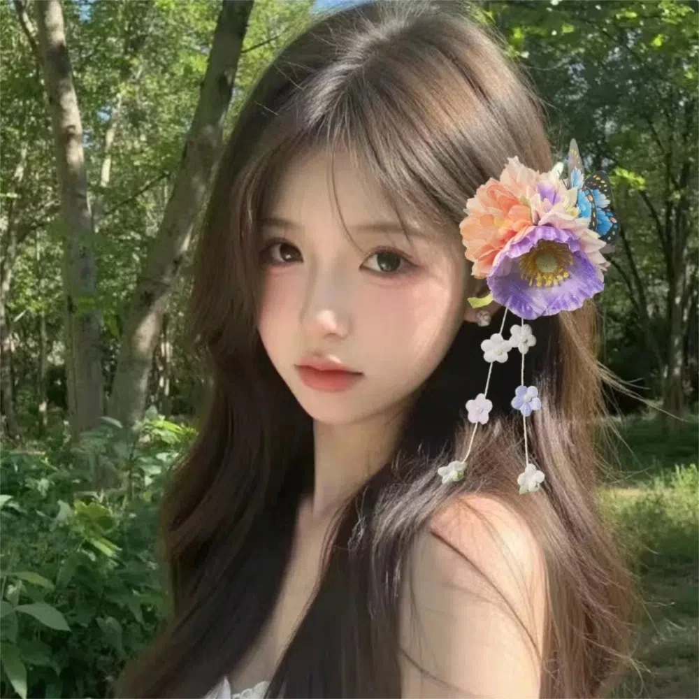 甘い花蝶サイドクリップ中国風の古代スタイルアジサイヘアクリップ韓服帽子フリンジタッセルカモノハシクリップ