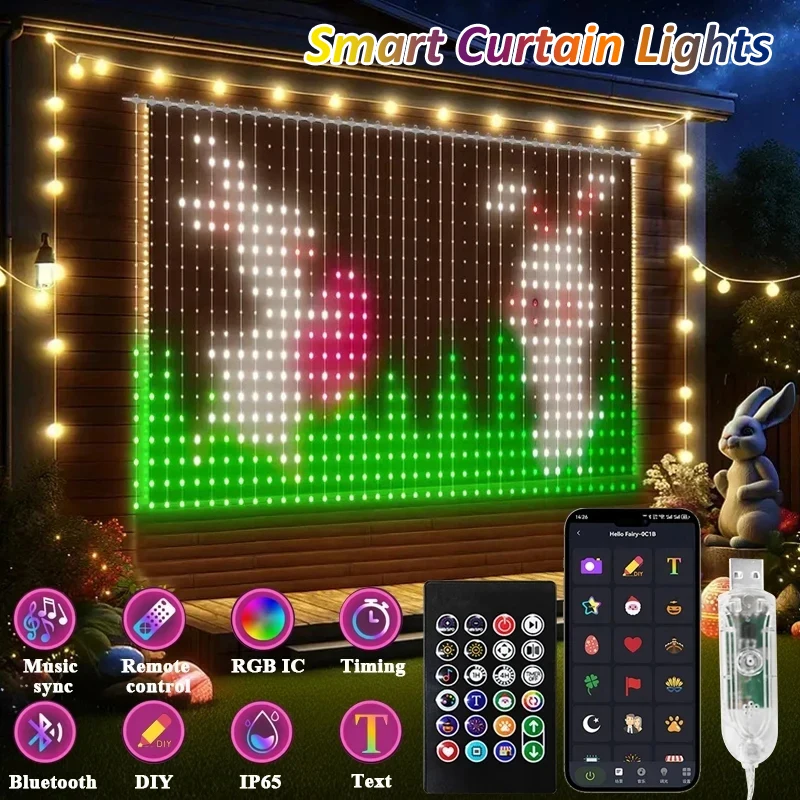 USB LED Smart Vorhang Lichter Mehrfarbige Fee Licht Fernbedienung Bluetooth APP Steuerung DIY Text Cartoon Musik Ändern Display Weihnachten