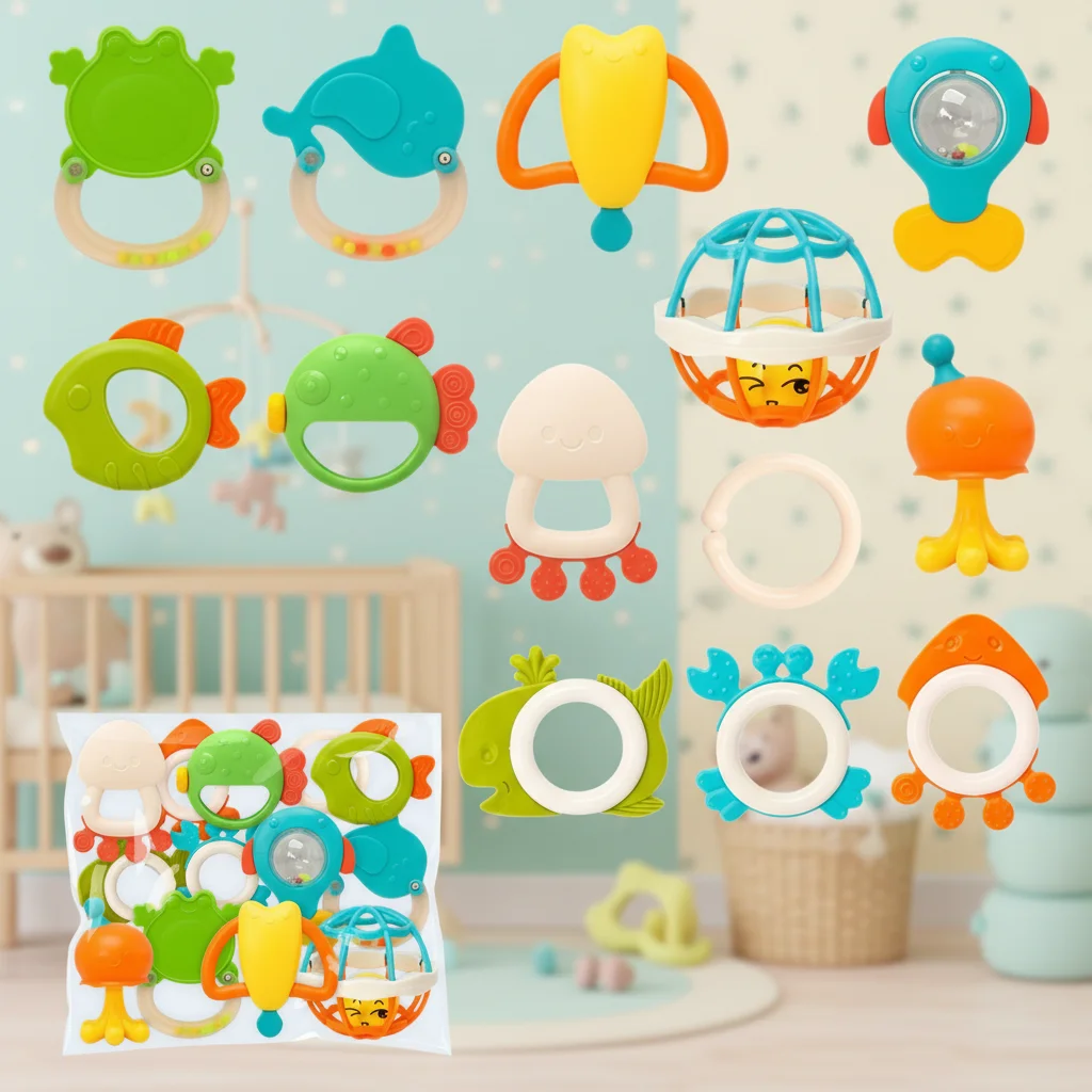 

Мягкие жевательные игрушки для прорезывания зубов и мячики-погремушки для хватания, разноцветные сенсорные погремушки для успокоения воспаленных десен, портативные в упаковке, для раннего развития и игр