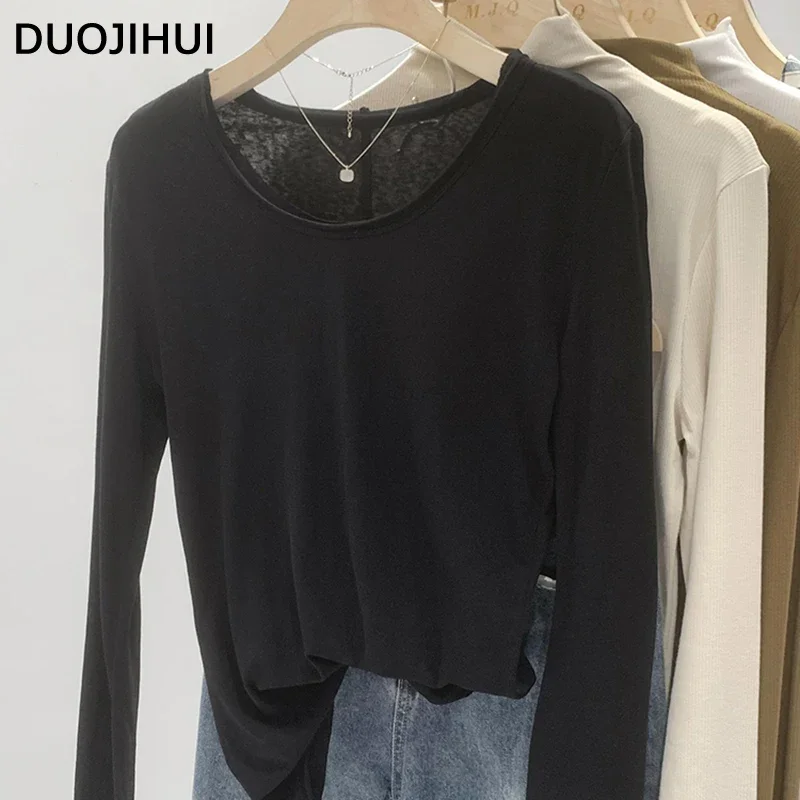 DUOJIHUI Pink Soft Slim Sweet Long Sleeves Female T-shirts Autumn Solid Color Basic O-neck Simple Casual Fashion Women T-shirts