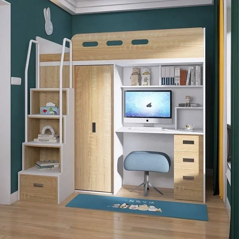 for Children Duplex Loft Bed with Desk and Wardrobe Half Height Bunk Bed Integrated Cabinet Light Luxury Style Space Saving