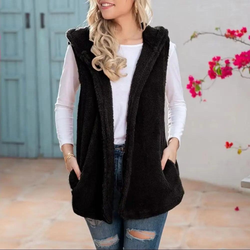 Women Winter Vest with Hood Mid Length Cardigan Faux Fur Waistcoat Solid Color Sleeveless Thick Keep Warm Coat for Daily Wear Ou