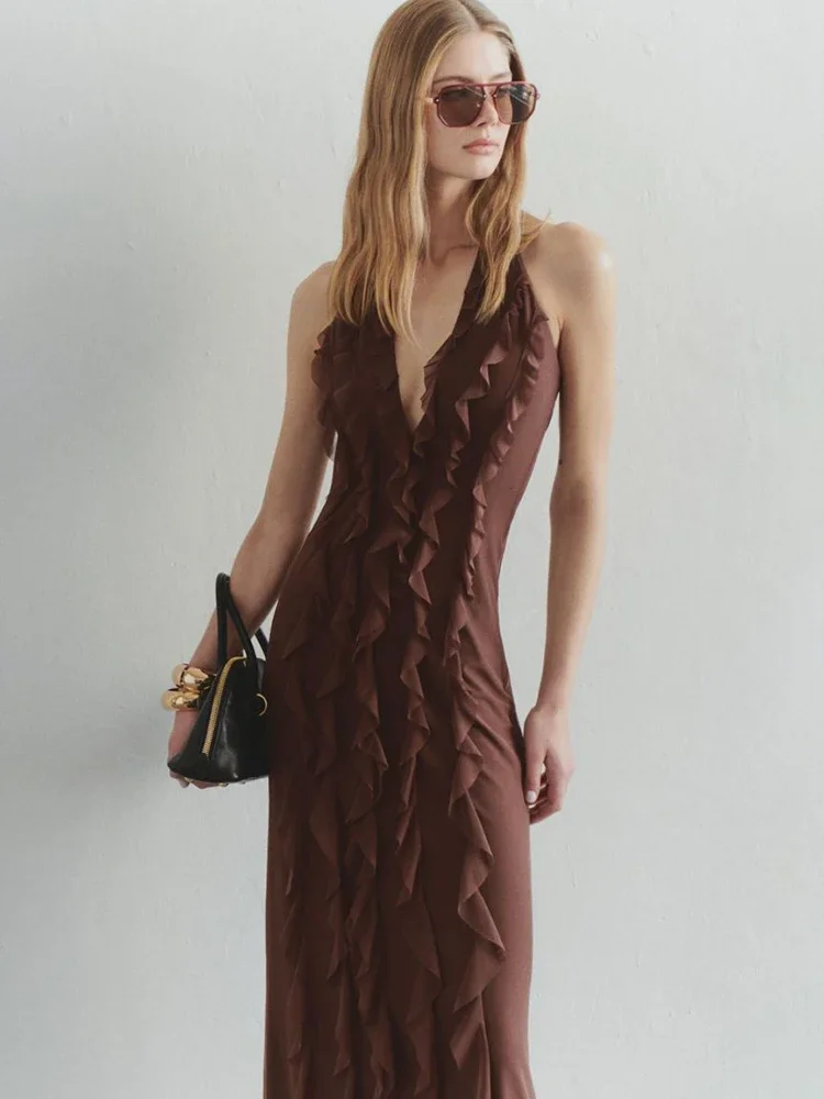 

Halter Off-shoulder Ruffle Sexy Maxi Dress Women Fashion V Neck Sleeveless Backless Bodycon Club Party Long Dress 2025