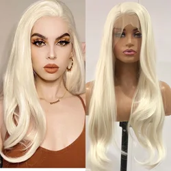 Peluca rubia platino para mujer, pelo sintético ondulado Natural con malla Frontal, largo y liso, color blanco, 13x4, fiesta