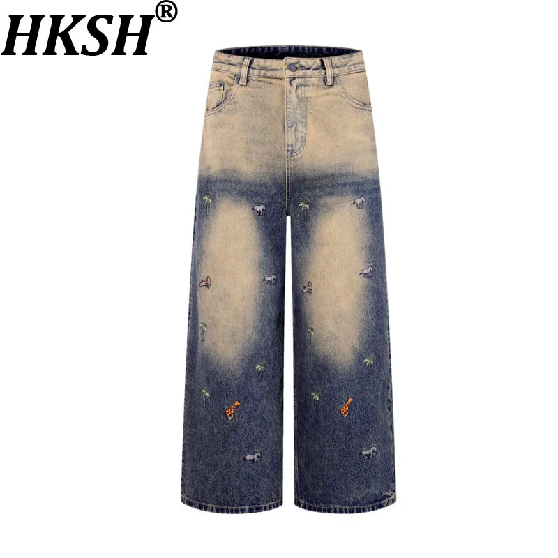 

HKSH Spring Autumn New Man Trend Distressed Animal Embroidery Design Niche Jeans Washed Casual Loose Fashion Denim Pants HK13180