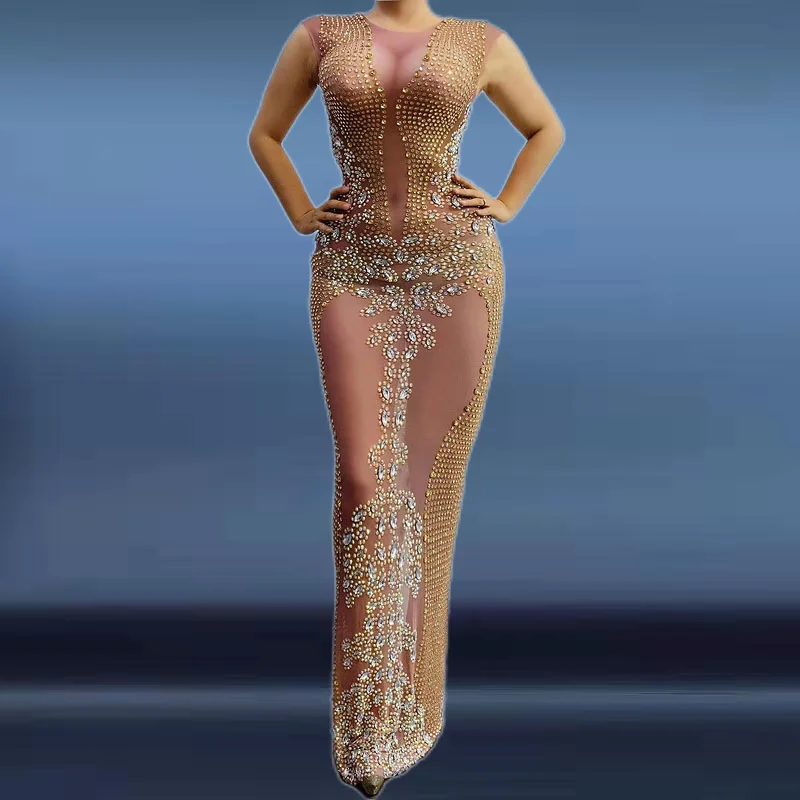 Vestidos De Mujer Elegantes Para Fiesta 2025 Nieuwe Collectie Diamond Sequin Mesh Mouwloze Lange Verjaardag Jurk Elegante Baljurken