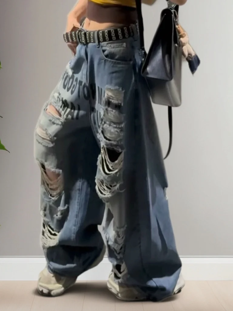 

Summer 2026 High Waist Wide Leg Denim Jeans Women's Printed Washed Hole Casual High Street Style Breathable Loose Fit Jeans