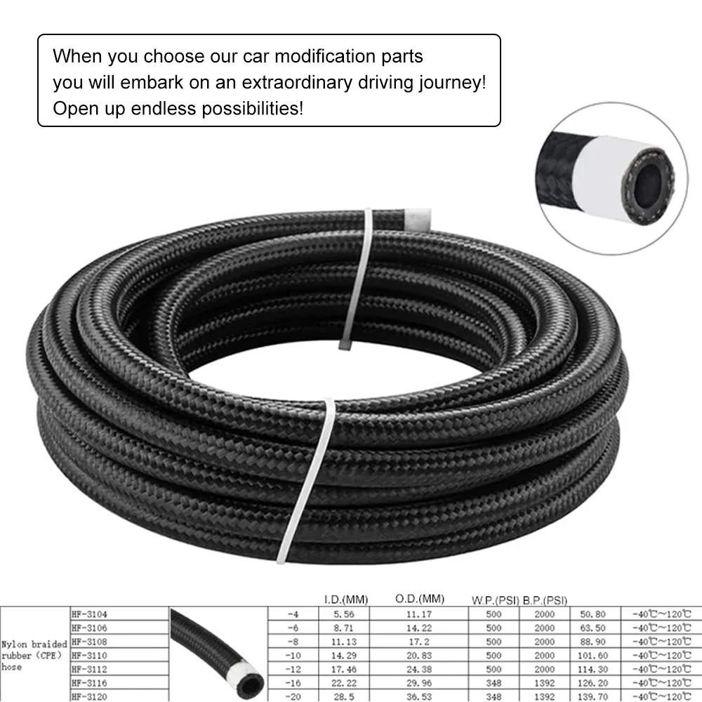 10FT AN6 AN8 AN10 Oil Fuel Braided Hose Fittings CPE Hose End Oil Cooling Pipe Universal 0/45/90 Degree Set Black 3M 6an 8an