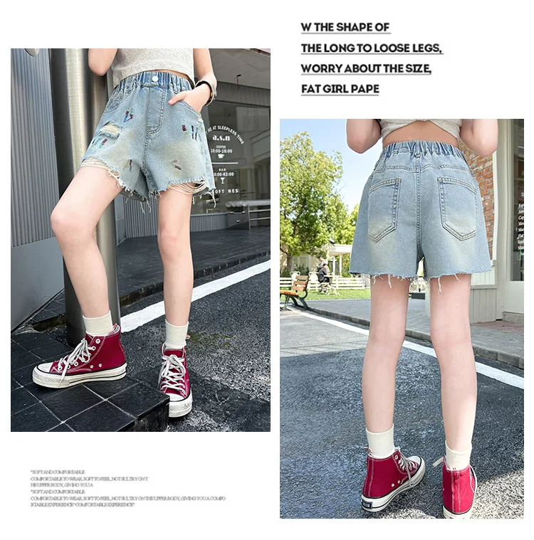 Sommerliche, stylische, zerrissene Jeansshorts mit Stickereien für Mädchen im Teenageralter, High-Fashion-Street-Style, Mini-Shorts für Kinder – Detail 2