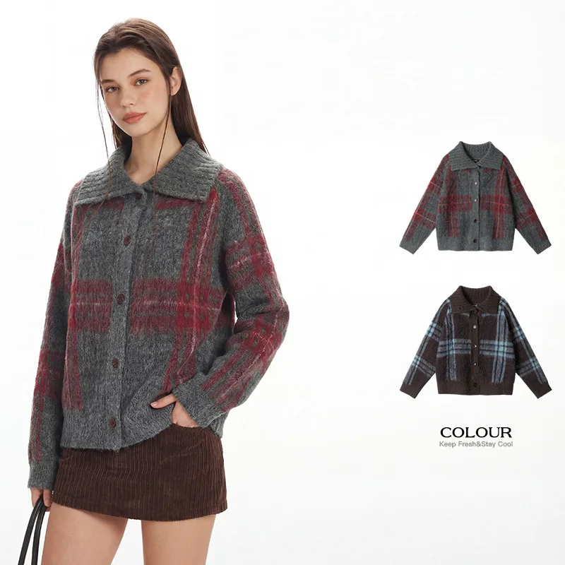 Women's Sweater Top Spring American Lapel Cardigan Sweater For Men And Women Loose Plaid Lazy Retro Outer Knitwear Cardigan Tops