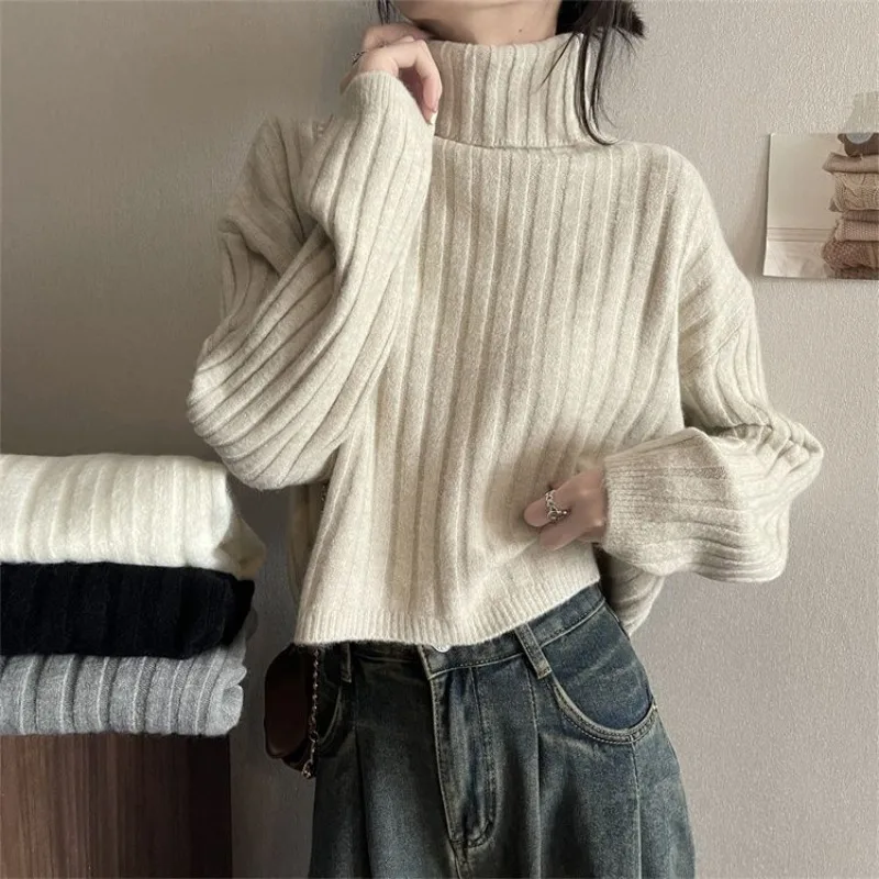 

Autumn and Winter New Women's Elegant Knitted Hoodie High Collar High End Korean Cashmere Short Sleeve Pit Strip Sweater Tops