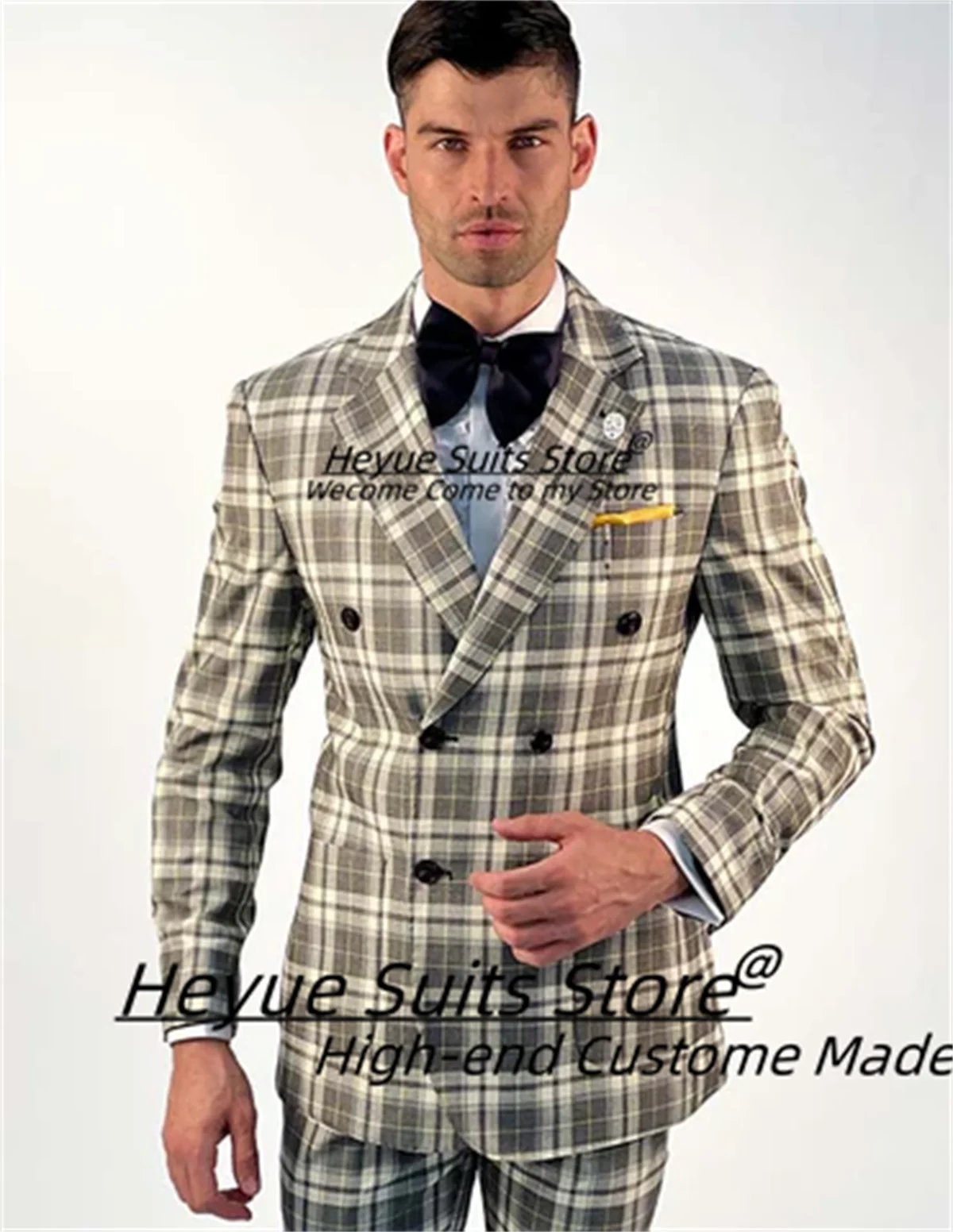 

Customized Slim Fit Plaid Men Suits Notched Lapel Double Breasted Groom Wedding Tuxedos 2Pcs Sets Male Party Blazers Ropa Hombre