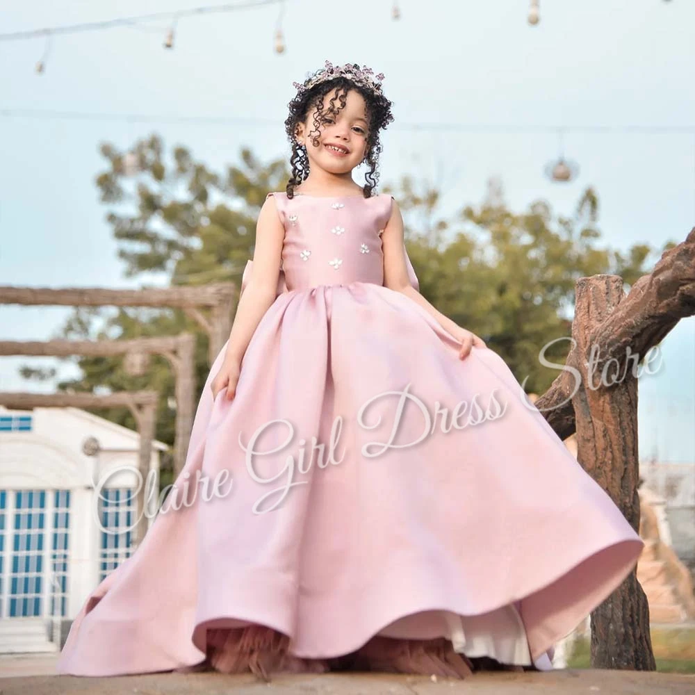 

Customized Pink Flower Girl Dress For Wedding Satin Beaded Sleeveless Elegant Puffy Kids Birthday First Communion Ball Gown