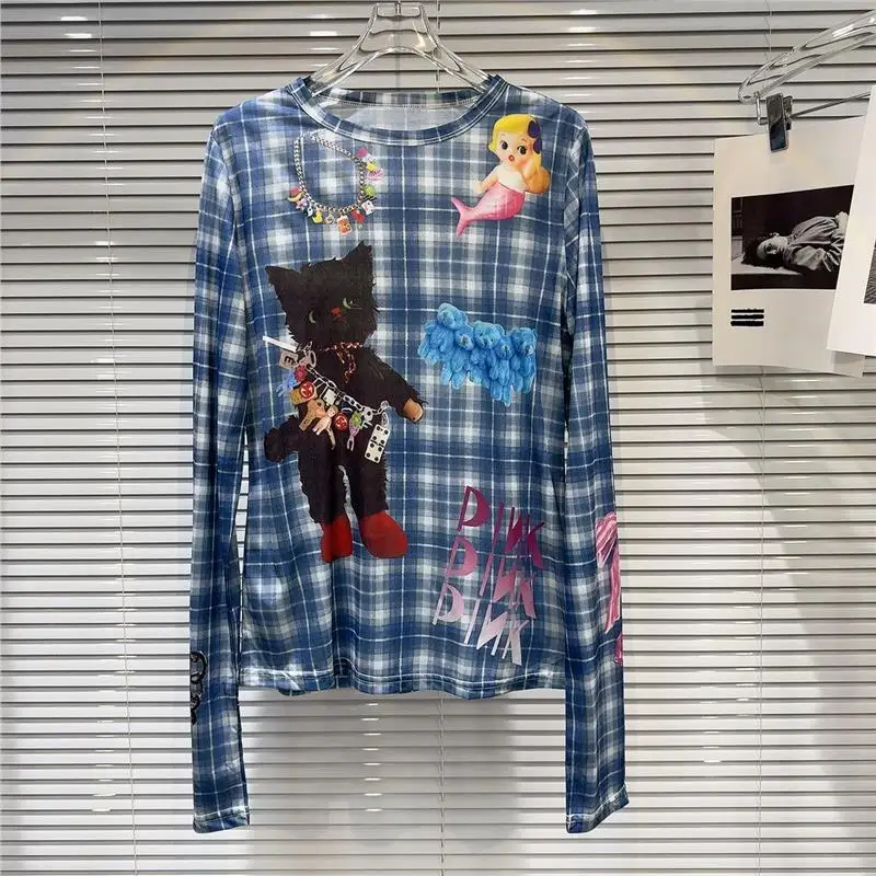 

Женский облегающий топ с длинным рукавом, абстрактный мультяшный принт, кружевная сетка, триацетатное волокно 100%