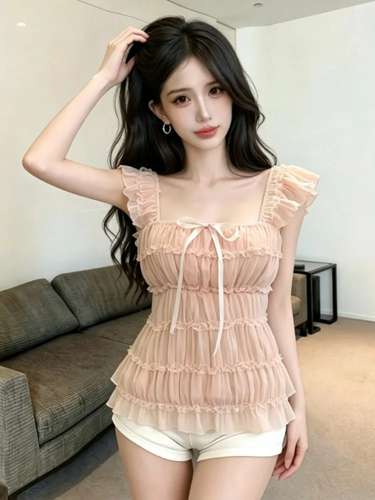

Lace Flying Sleeve Shirt Women's Summer Gentle Style Loose Slimming Top Korean Version Breathable Skin-Friendly City Walk