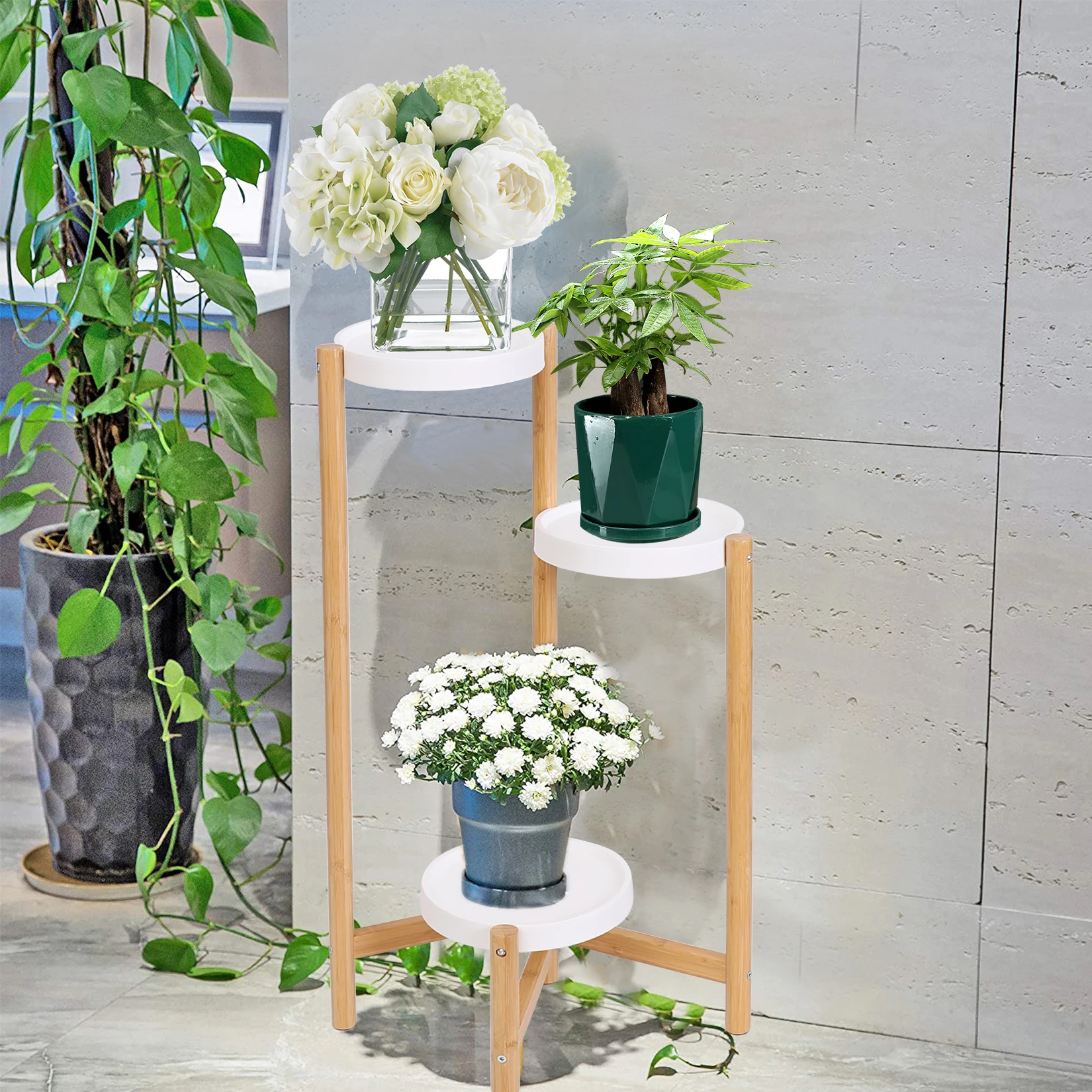 Soportes de plantas de bambú para interior, soporte de plantas de esquina alta de 3 niveles y estante de exhibición de plantas para jardín al aire libre