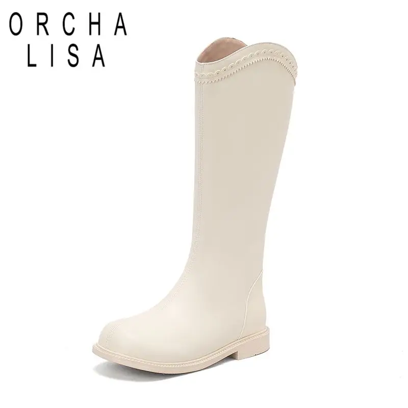 

ORCHA LISA 2025 RetroInspired Girls Knee High Boots Round Toe Flats Zipper Small Size 31 32 33 Fashion Daily Bota Beige Black
