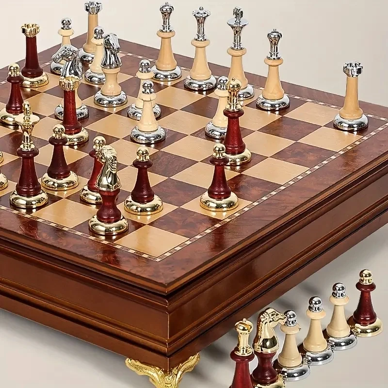 High-end desktop 38cm/15inch wooden chess set with storage drawer, large chessboard 2 additional queen sized metal wooden pieces