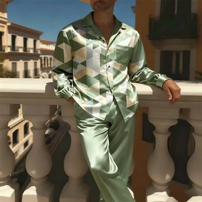 ColorBlockGeometricLeafPrint Men Satin 2‑Piece Pajamas Long Sleeve Shirt Pants Silky Nightwear Male Casual Home LoungewearOutfit