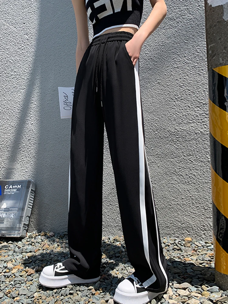 

2022 Pants Women Korean Style Casual High Waist Chic Office Lady Female Elegant Black Straight Suit Splice Pants Trousers