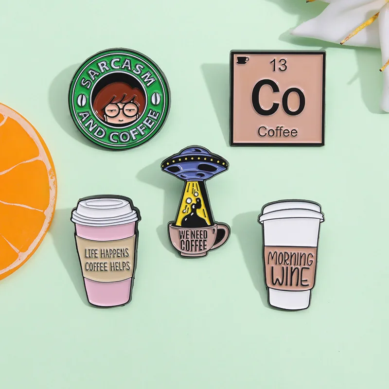 Coffee Cup Element Brooch English Letter Shape Metal Badge Wholesale Lapel Pins for Clothes Bag Pins and Badges Backpack Pin