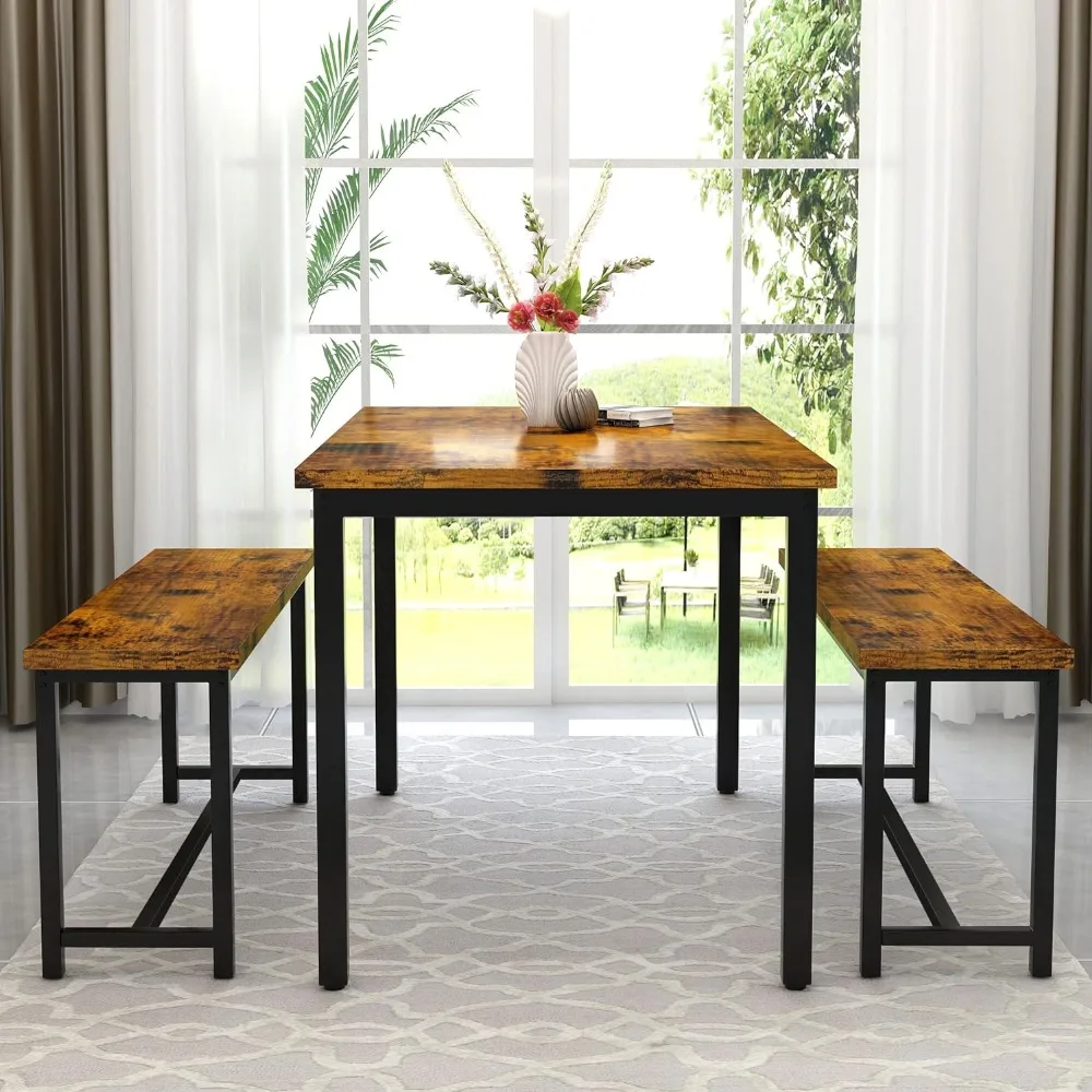 Dining Room Table Set, Kitchen Table Set with 2 Benches, Ideal for Home, Kitchen and Dining Room, Breakfast Table