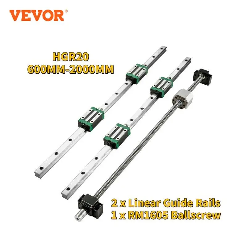 VEVOR HGR20 2PCS Linear Guide Rails 600-2000MM 4PCS Slide Blocks RM1605 Ballscrew W/ Ball Nut BF12/BK12 Nut for CNC DIY Routers