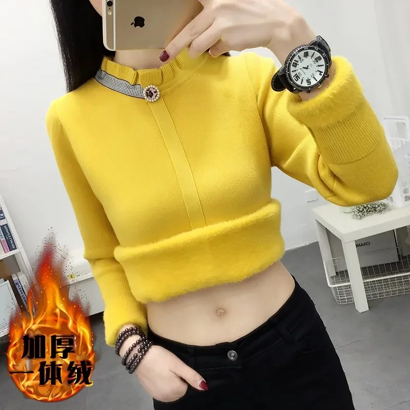 Women's O-neck Plus Velvet Thicken Sweaters Winter Slim Warm Long Sleeve Knitted Tops Casual Plush Fleece Lined Soft Pullover