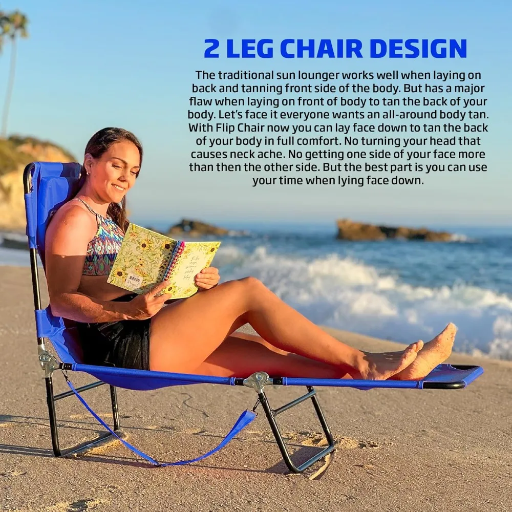 كرسي تسمير الوجه مع فتحات للوجه والذراع - 2 دعم للساق - مسند ظهر قابل للتعديل - صالة الشاطئ بخطوط زرقاء #3