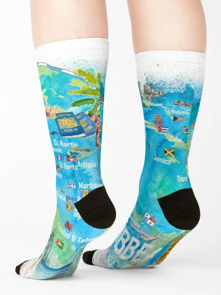 Eastern and Western Caribbean Illustrated Travel Map with Landmarks Highlights and Impressions Socks