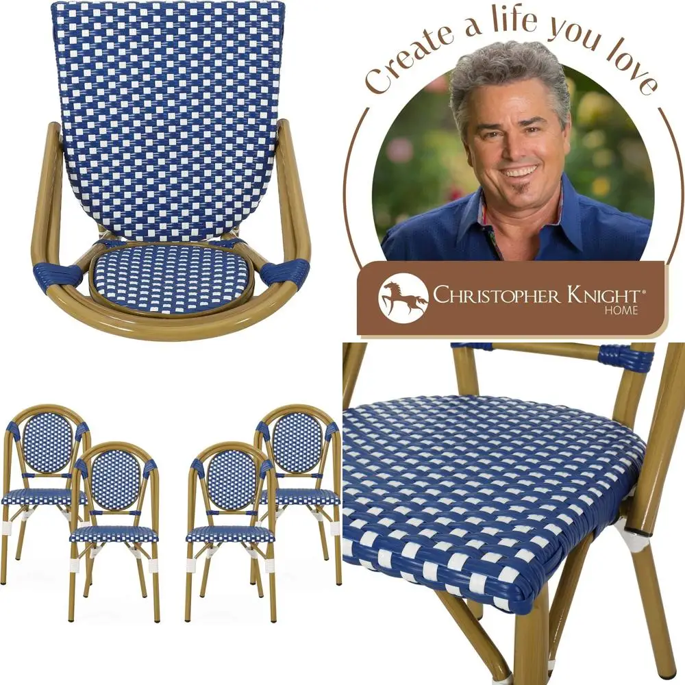 

Набор из 4 уличных стульев для бистро, сине-белый с отделкой под бамбук