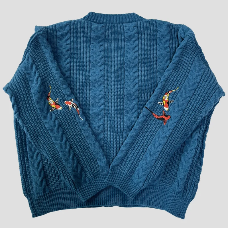 Koi Fish Cardigan Women Vintage Style Koi Carp Embroidery Sweater Female Autumn Winter Turquoise Knitted Cardigans Tops Y2k Girl