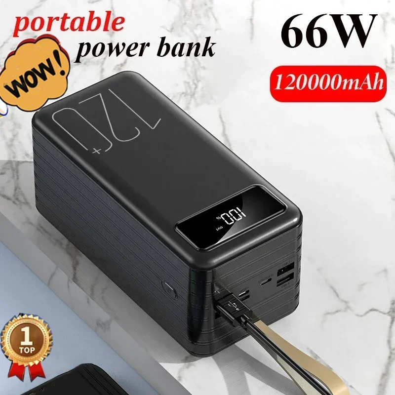 120000mAh Portable Power Bank  66W  Large Capacity Super Fast Charging Mobile Phone Backup Power Outdoor Camping Power Bank