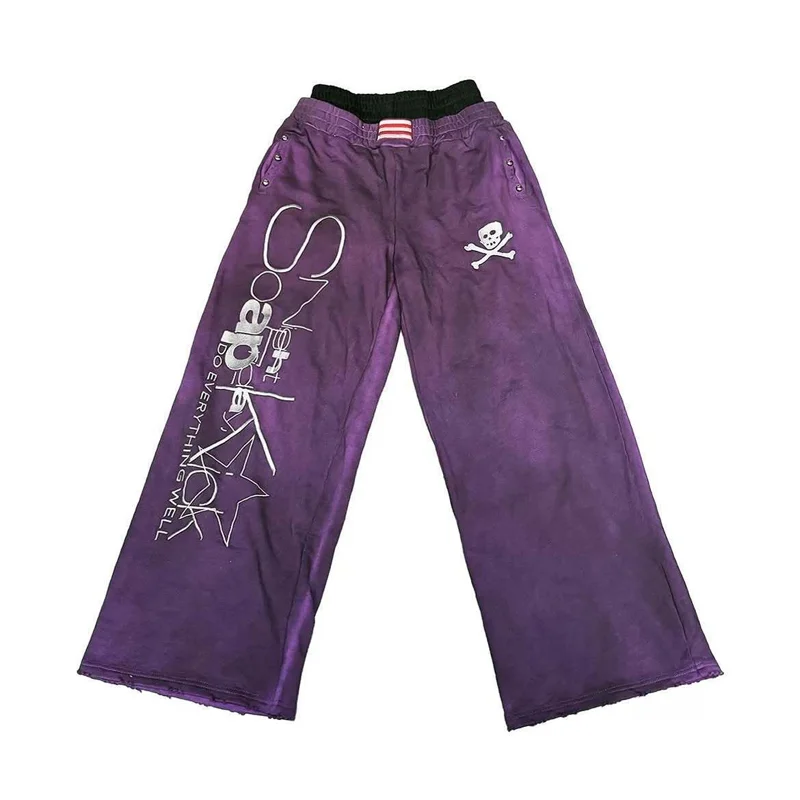 Unisex Purple Sweatpants Wide Leg Loose Fit Graphic Letter Print Casual Trousers Elastic Waist Y2K Vintage Punk Streetwear