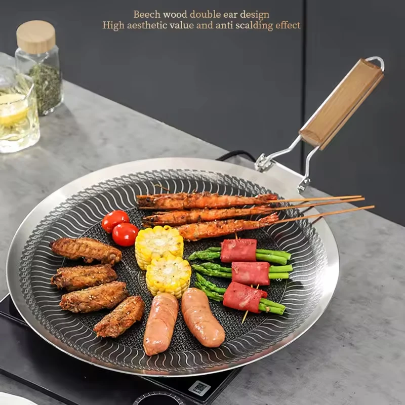 Assadeira redonda de aço inoxidável, 34/38cm, fundo em favo de mel, carvão, design antiaderente, assadeira para churrasco ao ar livre