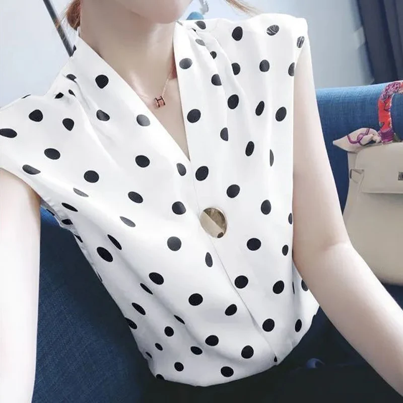 French Style Fashion Polka Dot Original Design Chiffon Sleeveless Shirt Summer New Loose Slimming Casual Elegant Women\'s Top