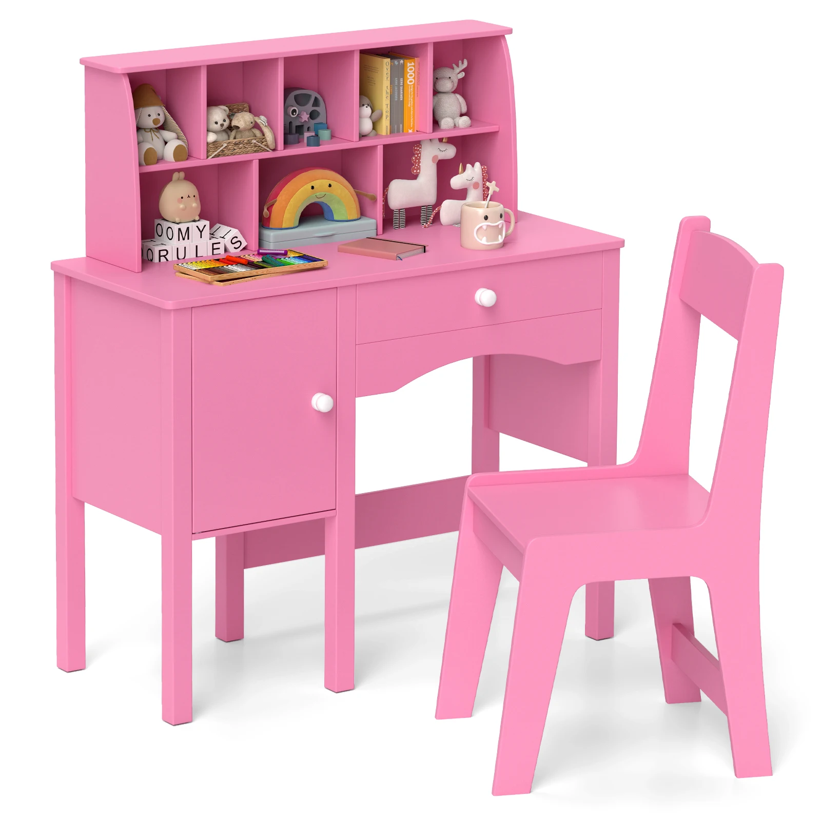 

Kids Study Desk and Chair Set Children Wooden Craft Table with Chair & Hutch