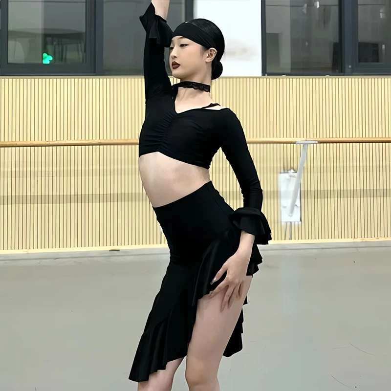 Adult Latin Dance Costume Girl's Black Tops Flounced Skirt Set Samba Performance Clothes Tango Dancing Training Wear XH1736