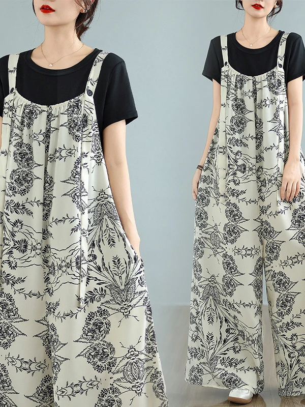 سروال نسائي فضفاض عتيق واسع الساق كاجوال صيفي مطبوع للتخسيس عالي القطع سروال كاجوال للنساء