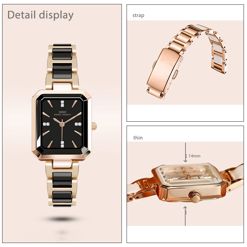 นาฬิกาข้อมือสแตนเลสสีขาวกันน้ำนาฬิกาข้อมือผู้หญิงหรูหรานาฬิกาควอทซ์สีดำแฟชั่นสำหรับสุภาพสตรีนาฬิกาข้อมือสี่เหลี่ยม